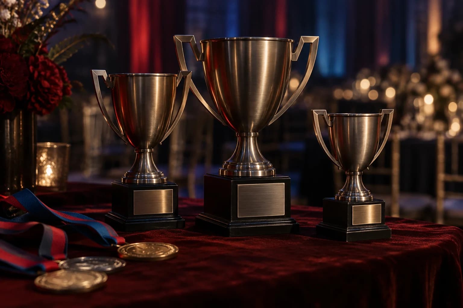 Trophies and medals on an awards table, illustration.