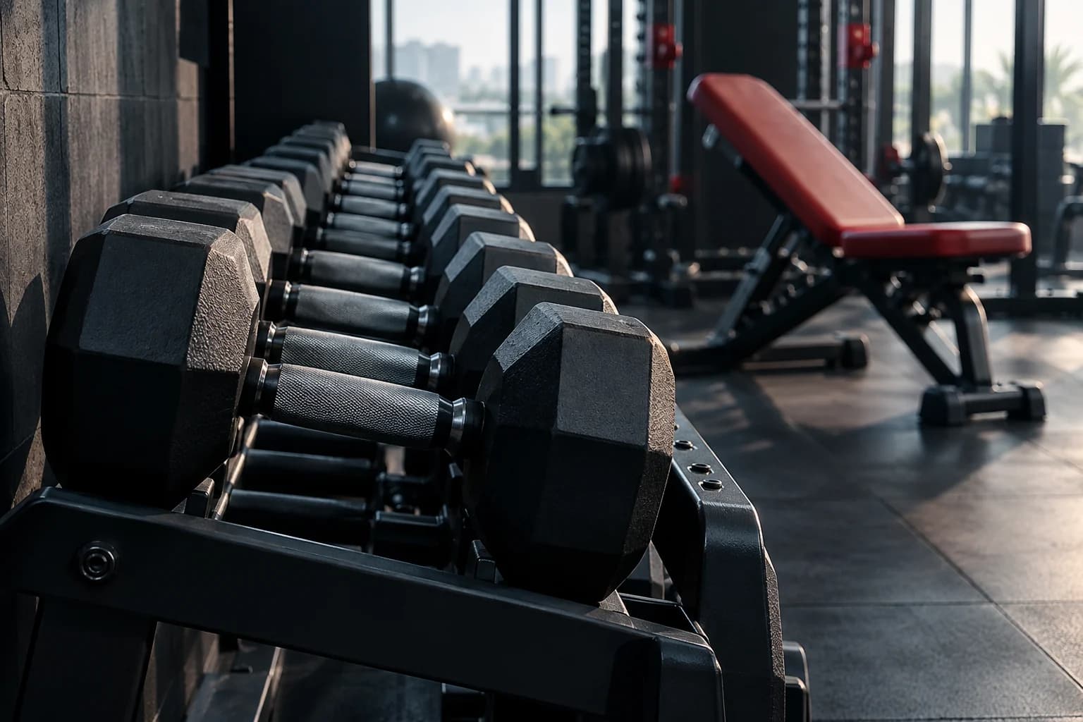 Black dumbbells on a rack in a strength training area, illustration.