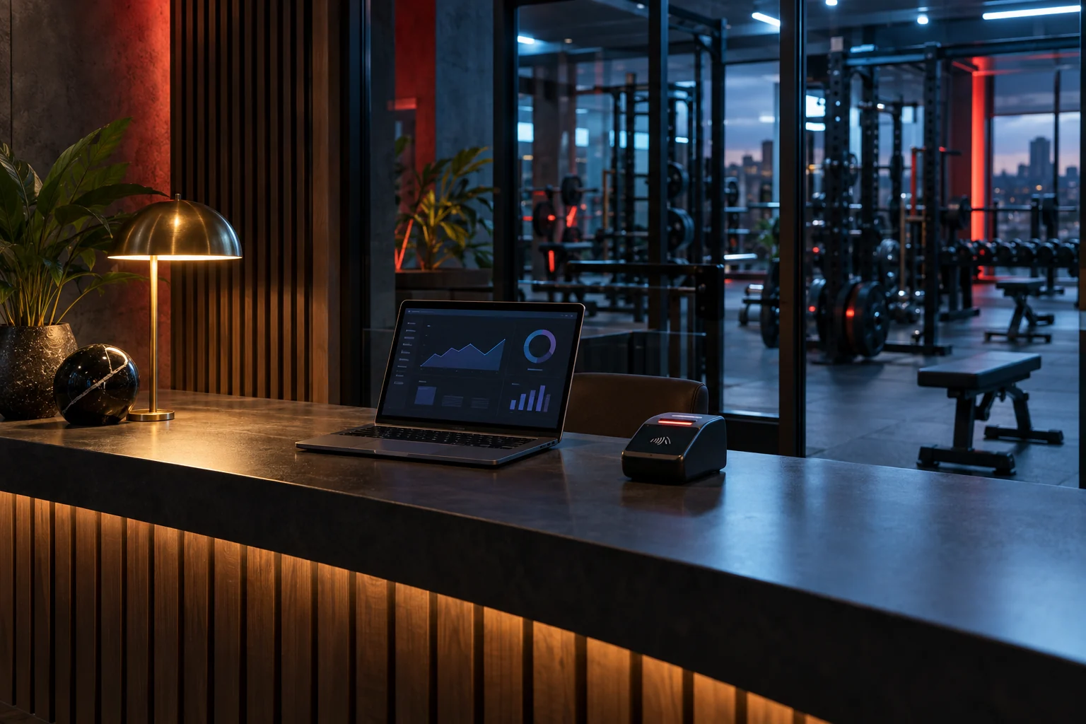 Gym reception computer illustrating club management.