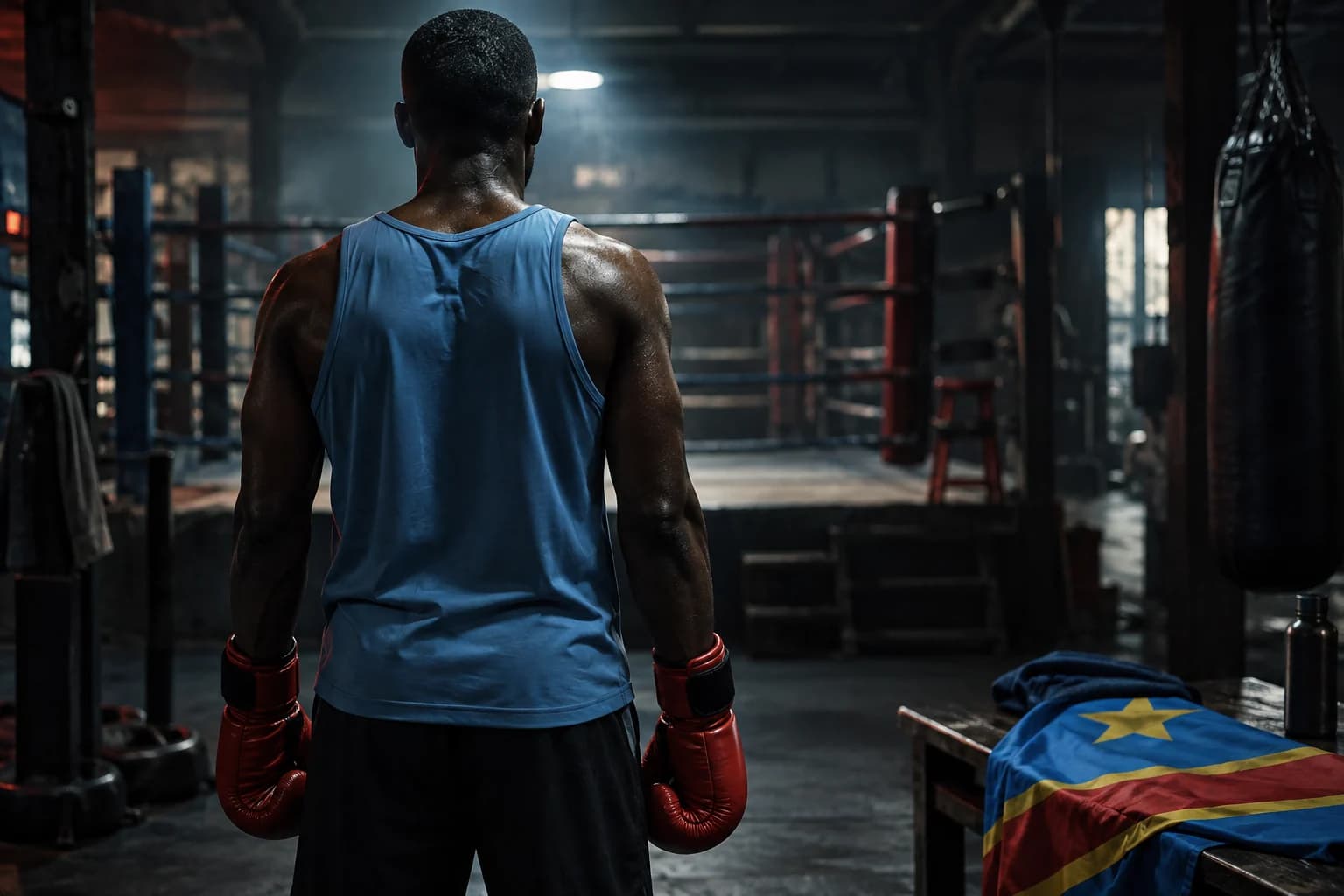Anonymous boxer seen from behind with red gloves and a DRC flag, illustration.