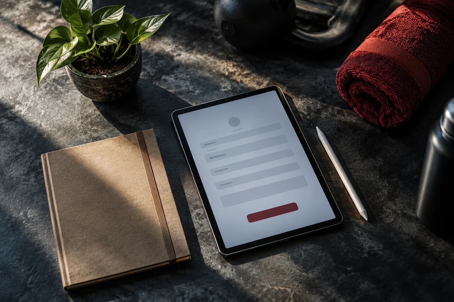 Tablet, recycled notebook and plant illustrating paper-free operations.
