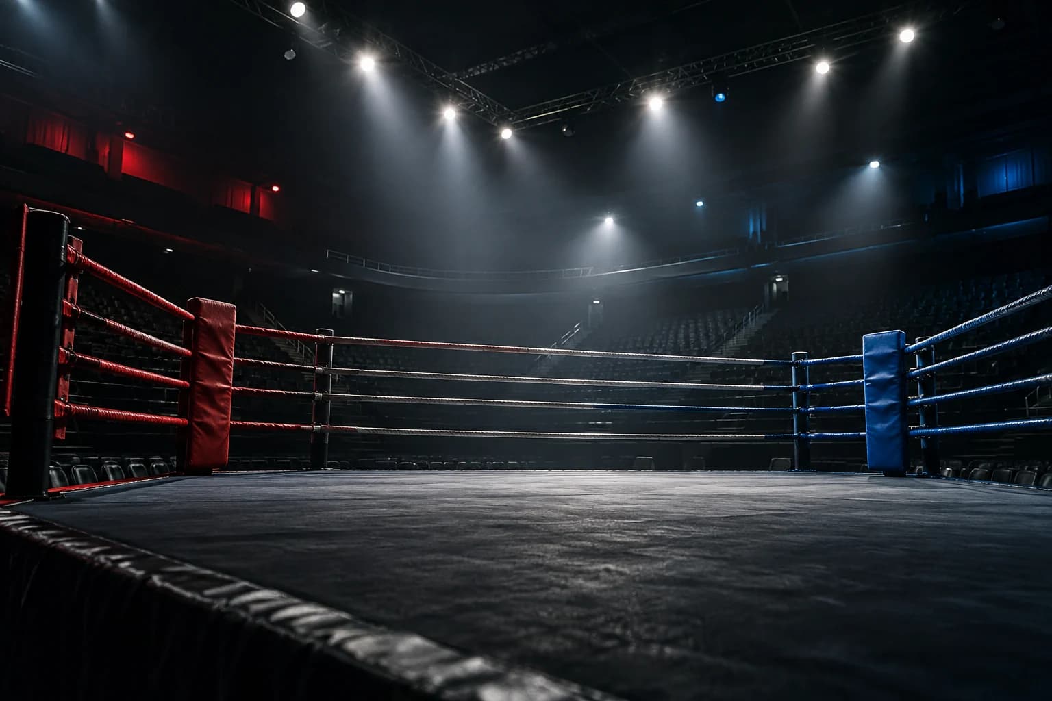 Empty boxing ring under spotlights before a competition, illustration.