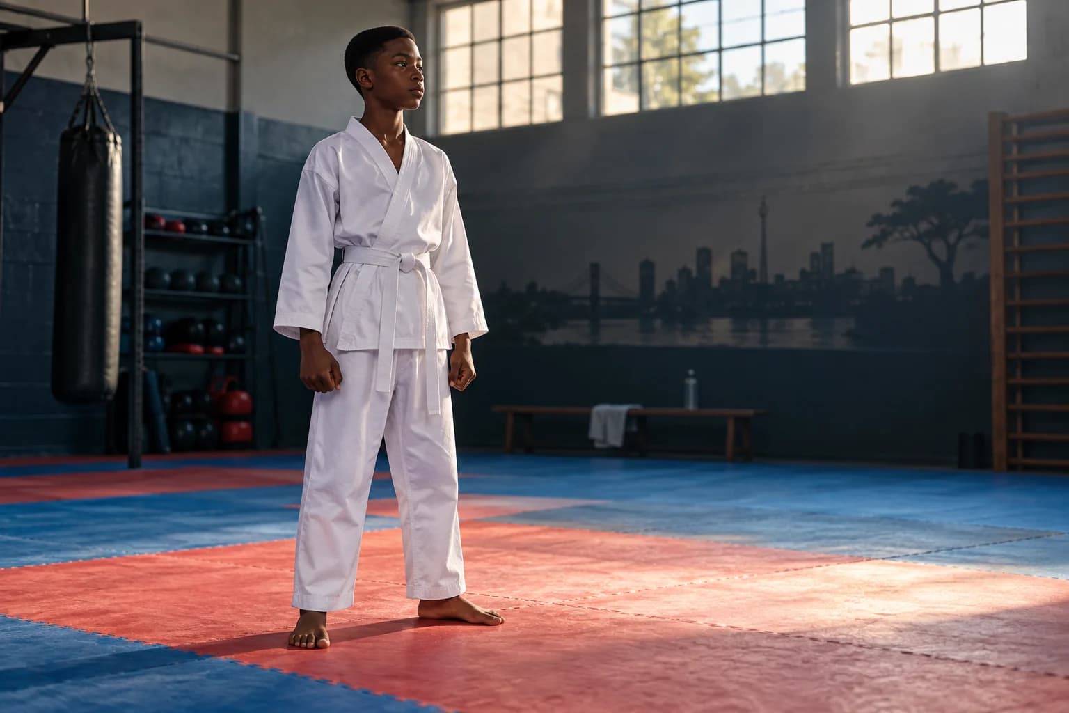 Young martial arts student in a white uniform on training mats, illustration.